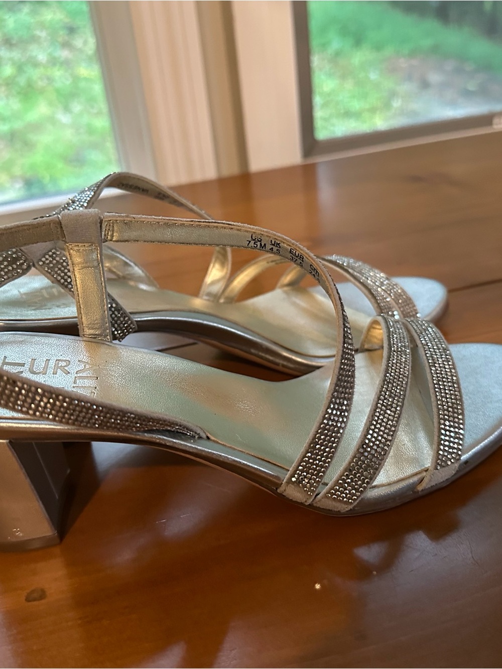 Naturalized Silver Rhinestone Strappy Block Heel Sandals - Women size 7.5